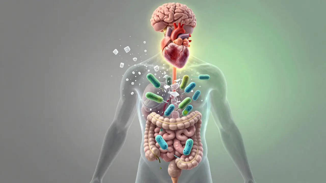 Průhledný lidský tělo s obnovovanou střevní mikroflórą, kde škodlivé cukry padají a laktobacily kolonizují střevo.