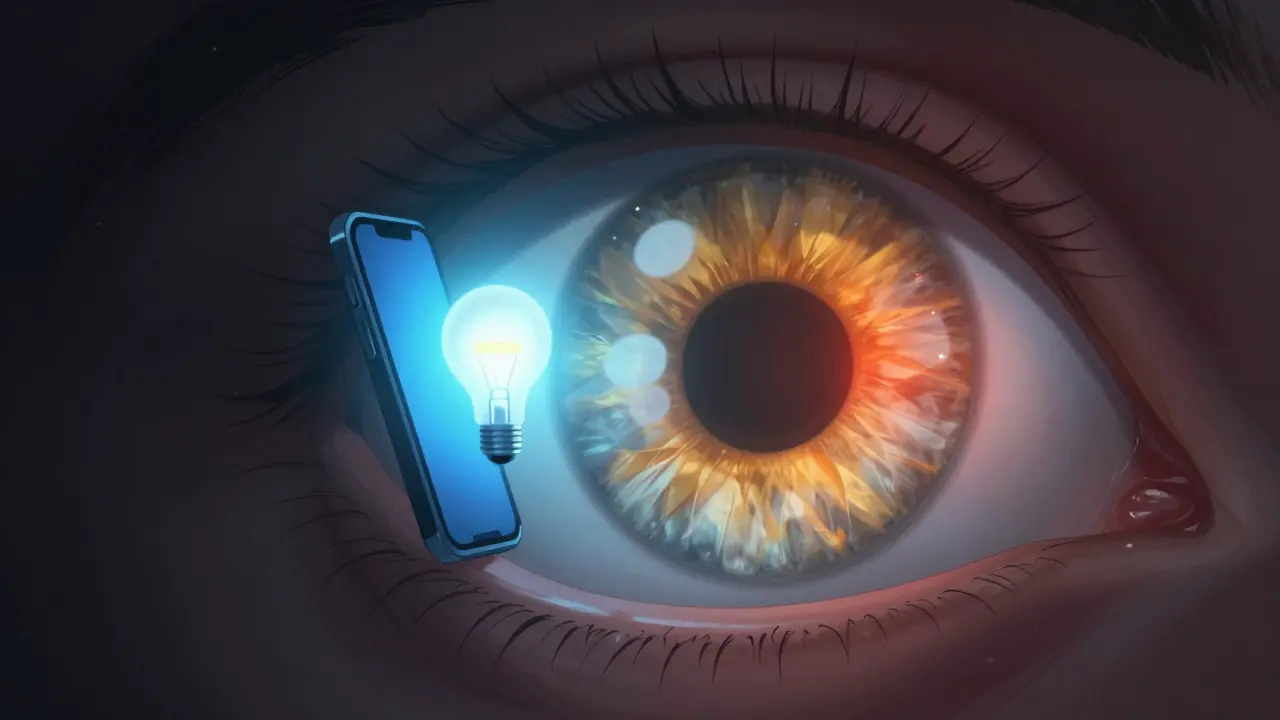 Průřez očí s luteinem a zeaxantinem filtrováním modrého světla z obrazovky.