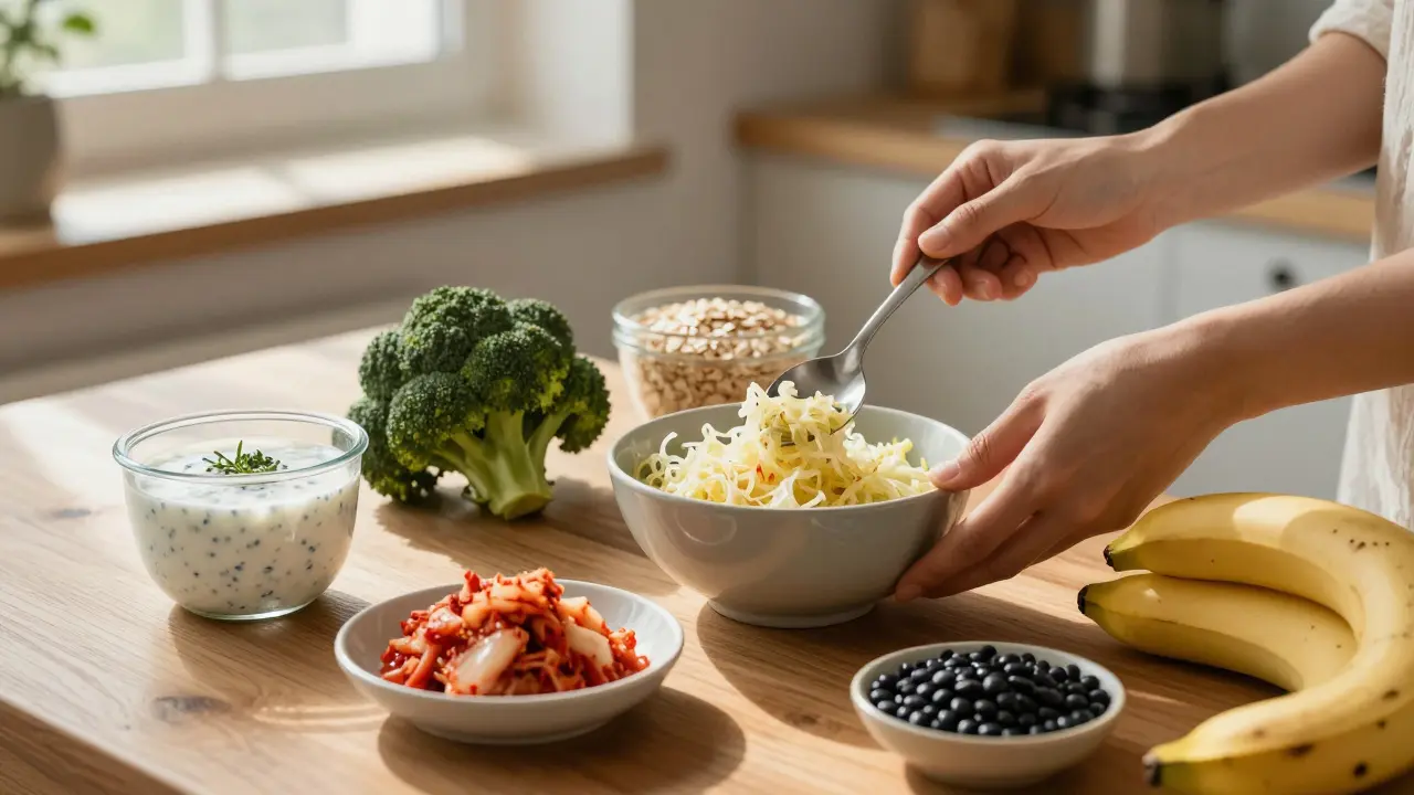 Ranní kuchyně s rozmanitými rostlinnými potravinami pro zdravé střevo.