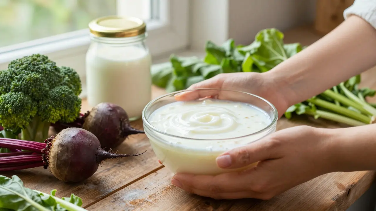 Ruce drží fermentované potraviny a čerstvé zeleniny na dřevěném stole.