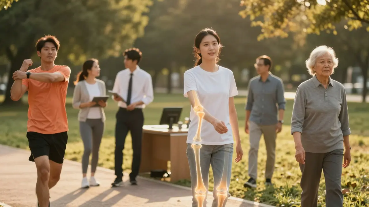 Různé věkové skupiny lidí v běžných činnostech s jemným překryvem kolagenu podporujícího jejich klouby.