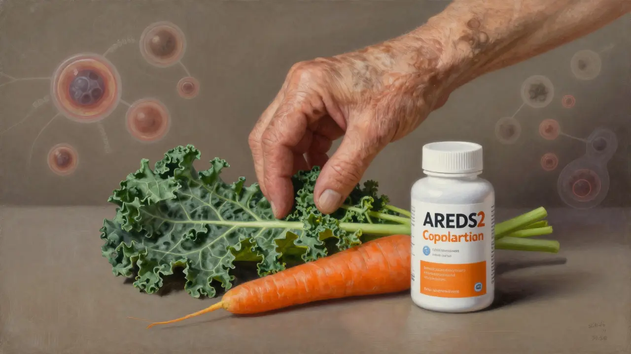 Stará ruka drží zeleninu a doplněk s významem prevence ztráty zraku.