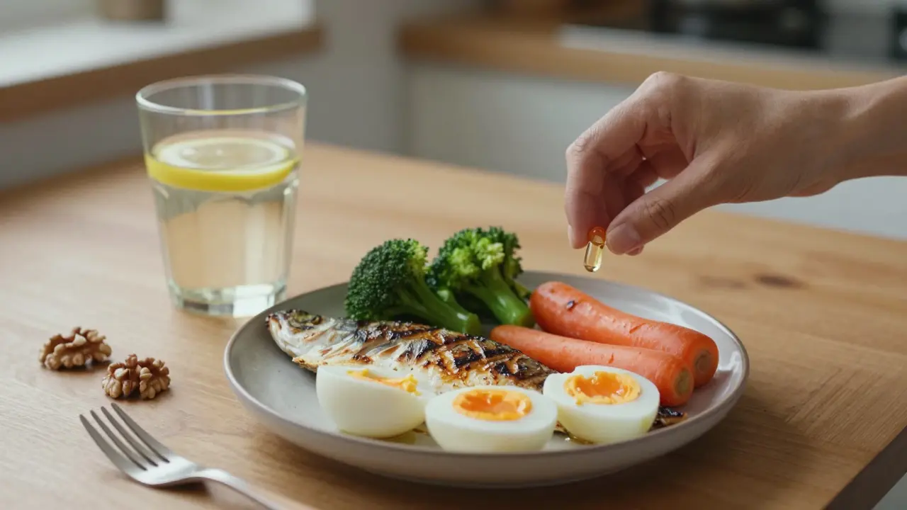 Stravovací příklad pro rychlé hojení ran: ryba, vajíčka, zelenina a ořechy.