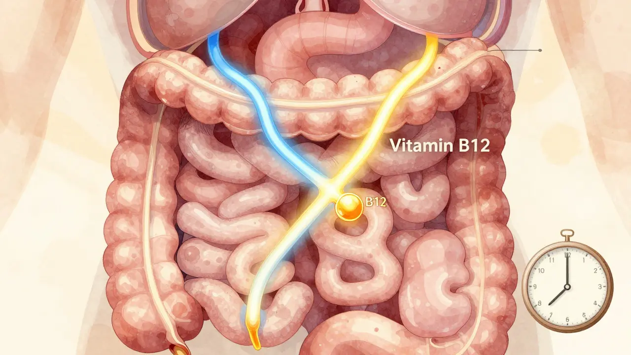Trávicí trakt s cestami vitamínu C a B12, kde se B12 rozkládá.