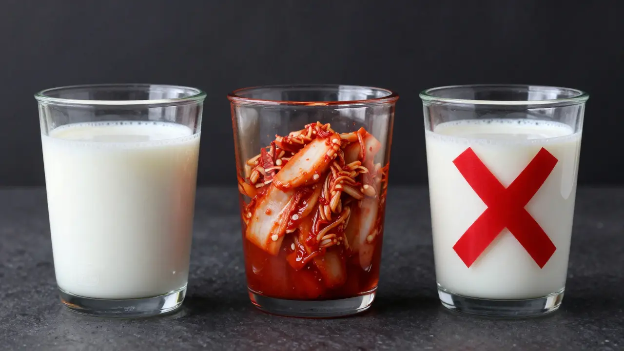 Tři sklenice s probiotiky: kefír, kimči a pasteurizovaný jogurt s červeným křížkem