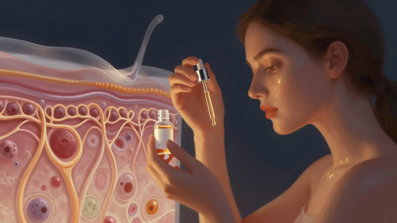 Večerní aplikace retinolu s vizuálním znázorněním obnovy pleti v teplém osvětlení.