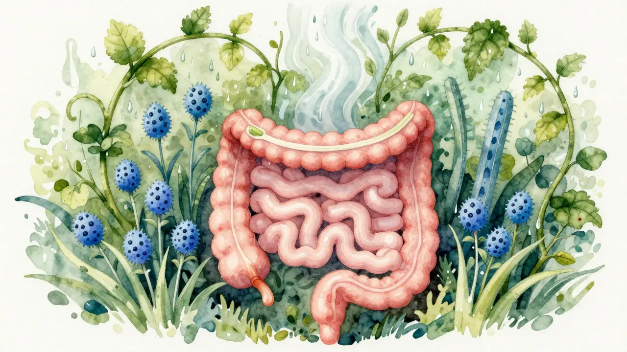 Vodová kresba střeva jako zahrady s různými bakteriemi jako květinami.