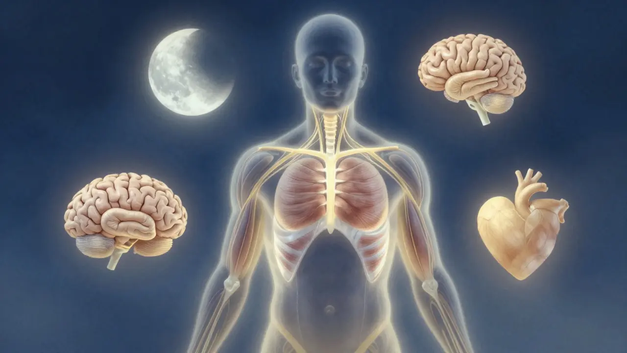 Abstraktní obraz lidského těla s osvětlenými cestami, které symbolizují účinek hořčíku na svaly, spánek a nervový systém.