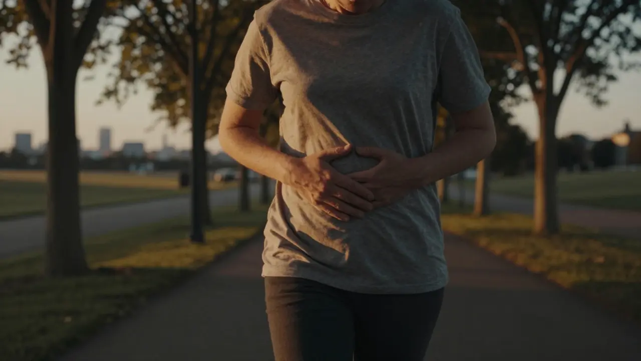 Člověk prochází večerem, klidně podporující trávení pohybem