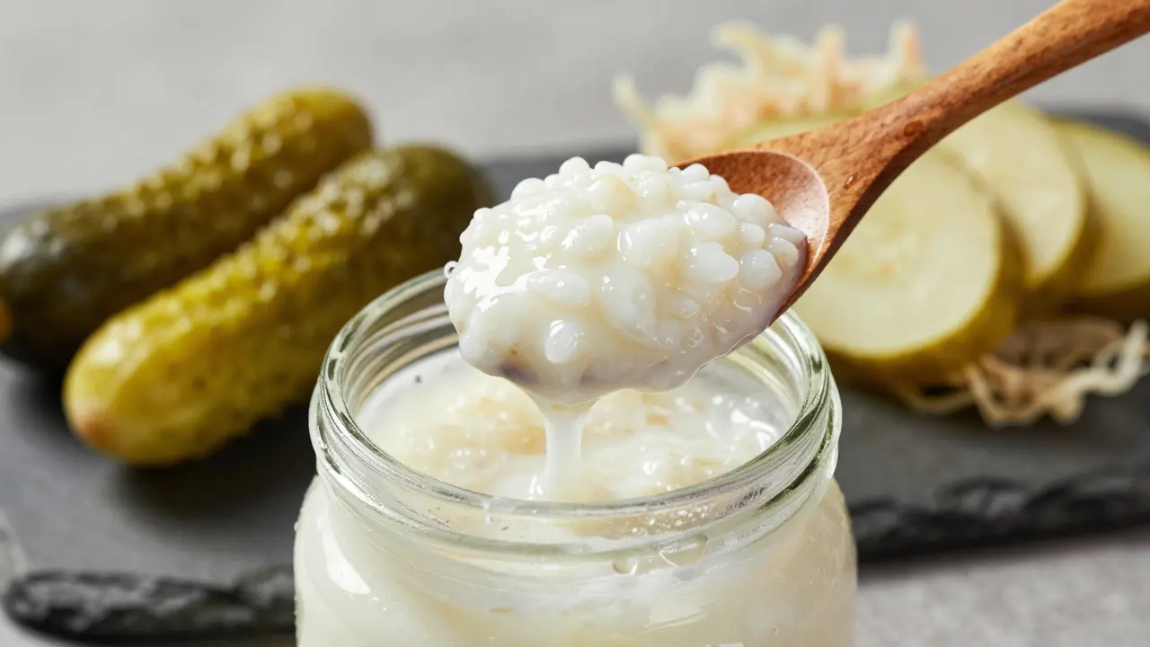 Detail kefiru v sklenici a zeleniny pro zdravé střevo.