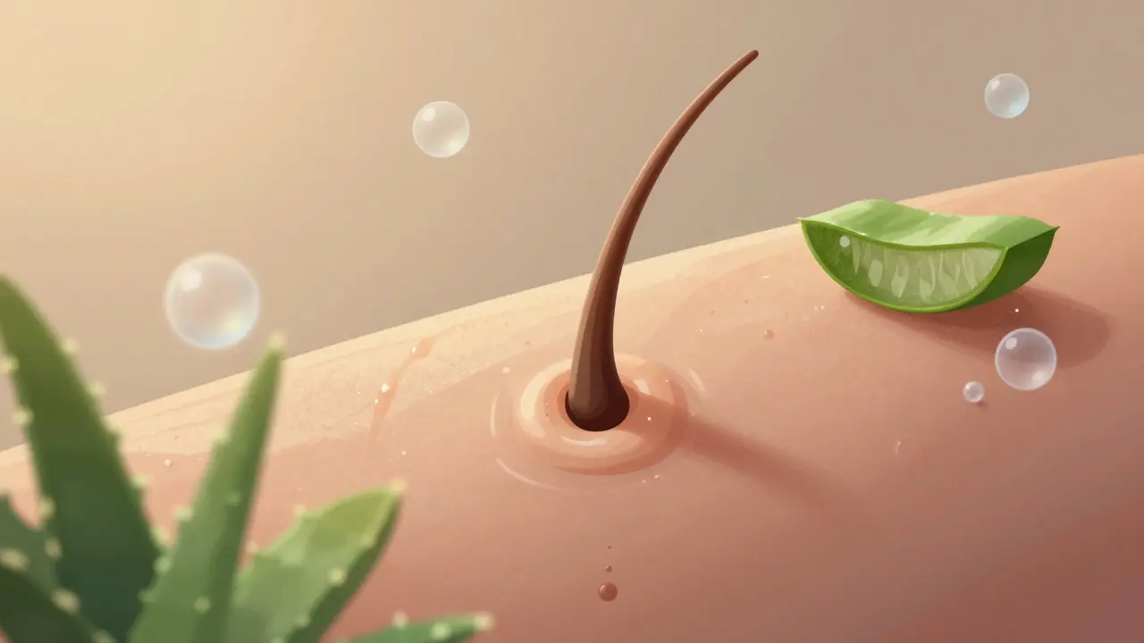 Detail kůže s vlasem rostoucím ven, obklopený přírodními složkami jako aloe vera a molekulami kyseliny salicylové.