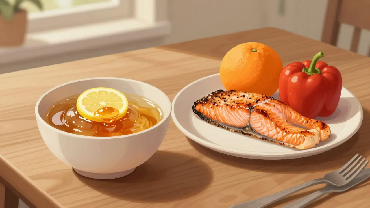 Domácí želé z vývaru s medem a citronem, spolu s pečenou rybou a citrusy na stole