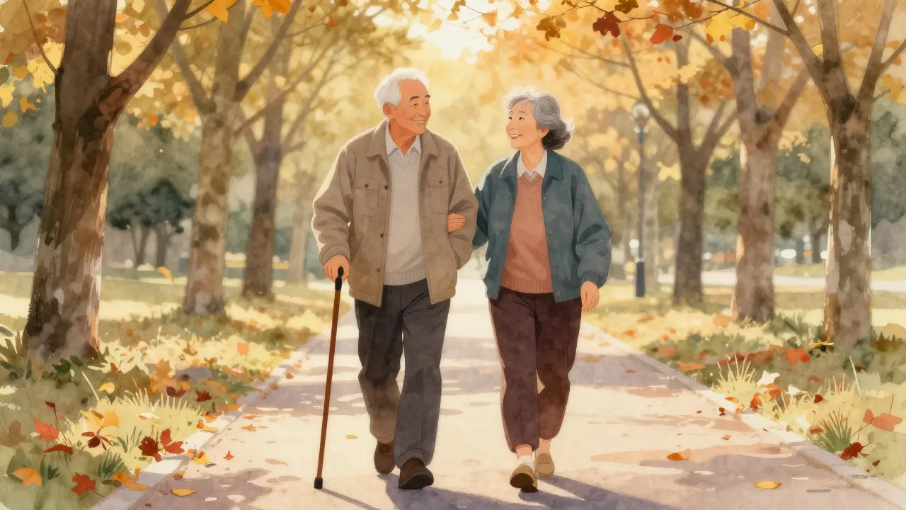 Dva starší lidé kráčejí v parku s lepší pohyblivostí a bez bolesti.