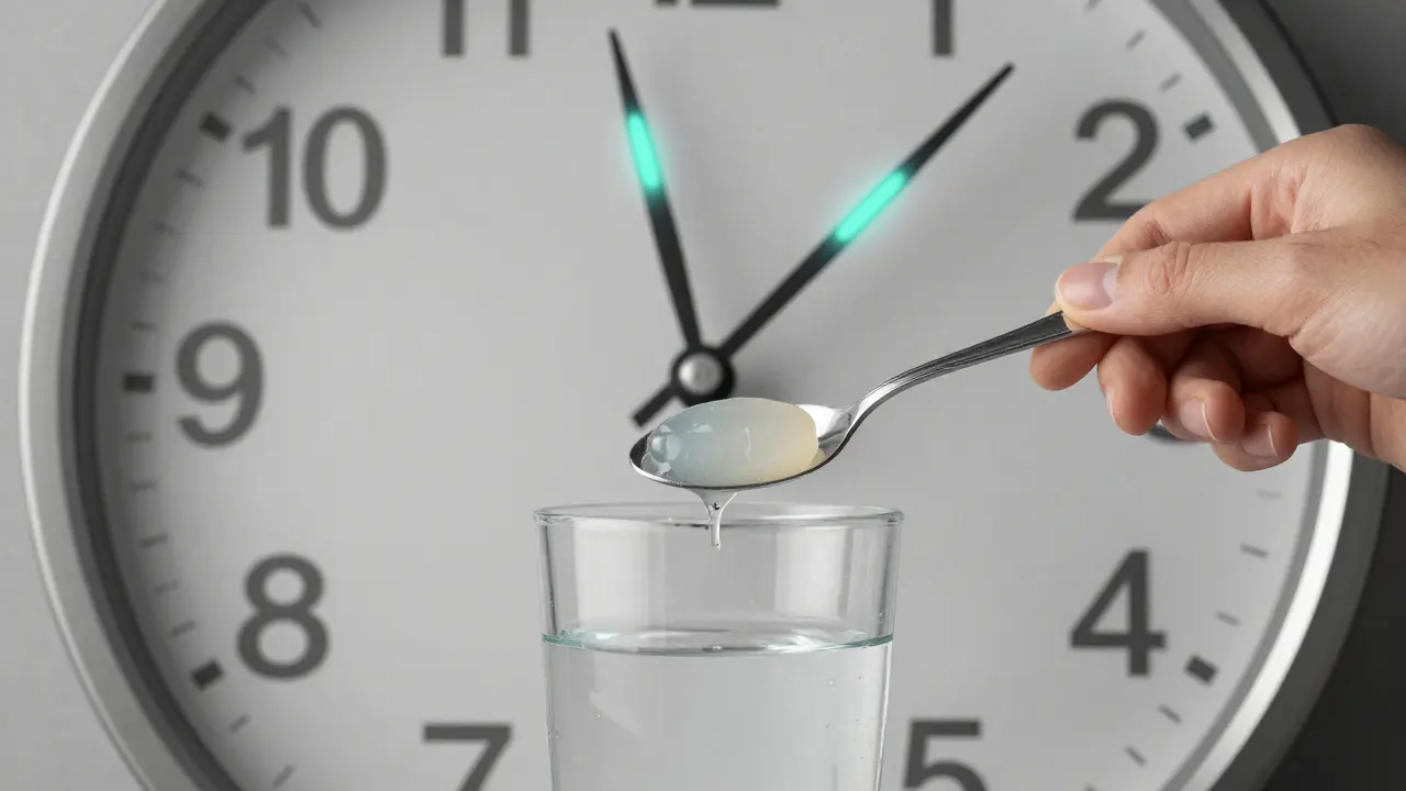 Hodiny s ručičkami z vlasů a nehtů, které pomalu uplynou během 8–12 týdnů, s rybím kolagenem ve sklenici.