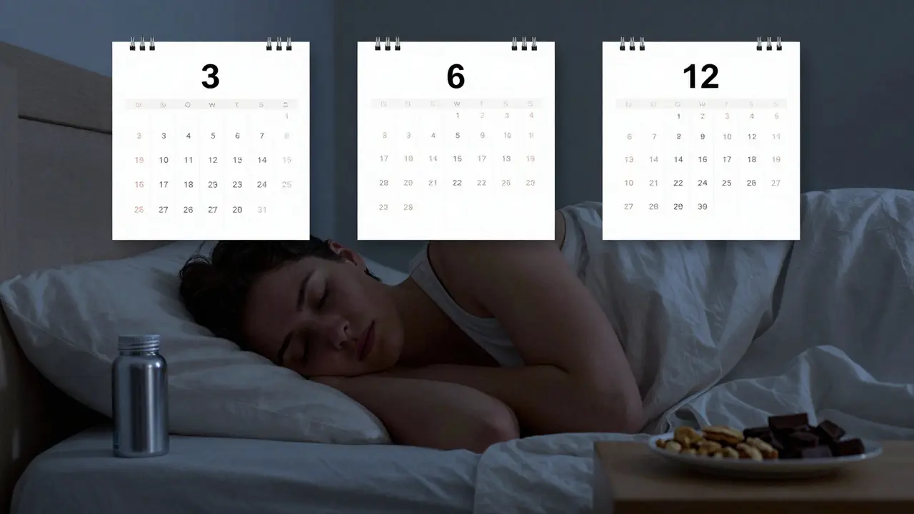 Kalendář s označenými měsíci a postelí s doplňkem hořčíku a zdravými potravinami večer — symbol dlouhodobého užívání.
