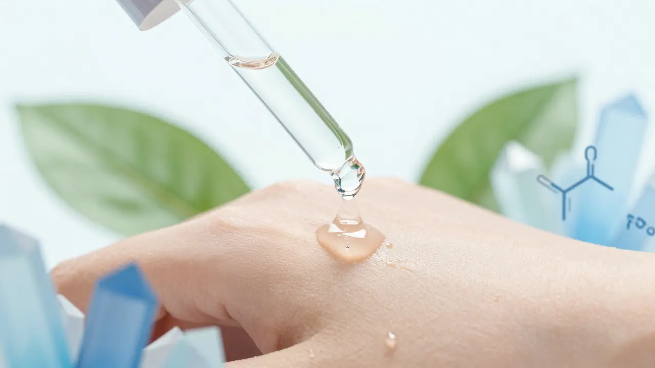 Kapka čirého séra na kůži představující hydrataci.