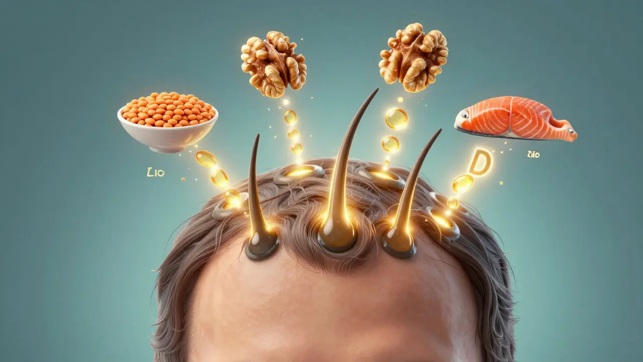 Kořen vlasu s ozařujícími živinami: biotin, železo, zinek, vitamín D a omega-3, vykreslené jako světelné částice.