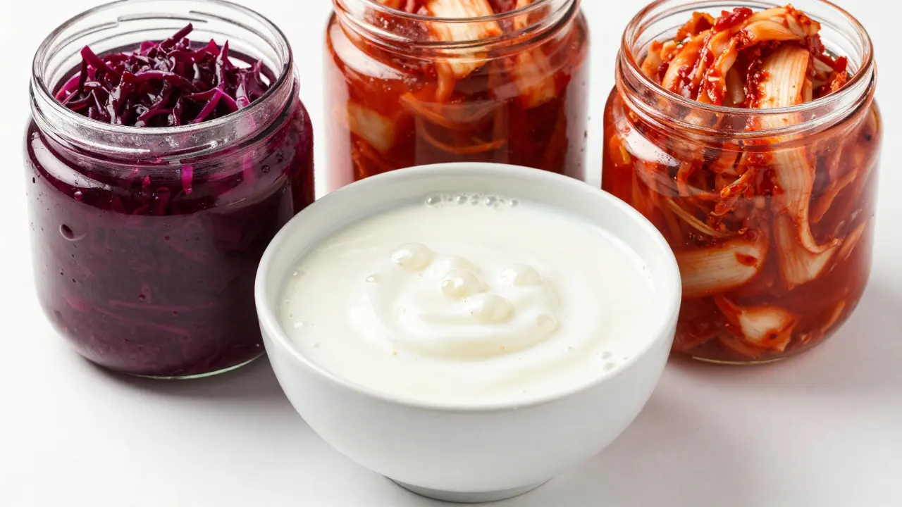 Miska kefíru a sklenice nakládané zeleniny pro podporu trávení.