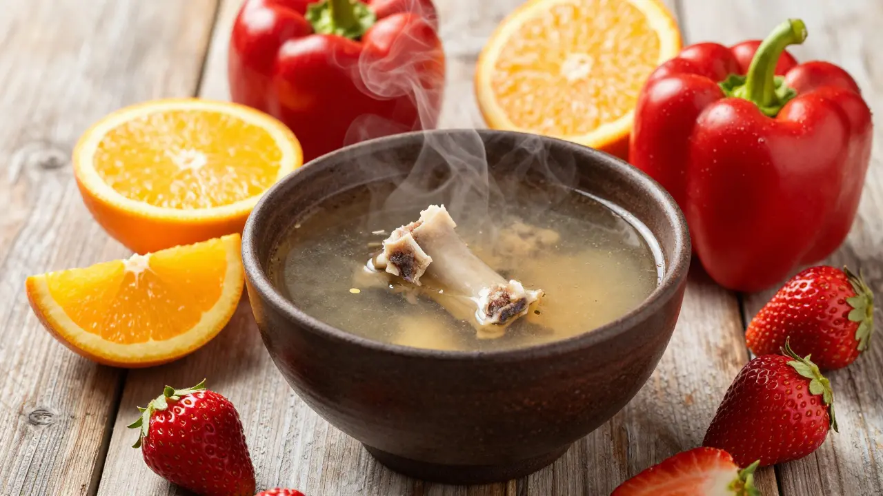 Miska vývaru a ovoce s vitaminem C pro posílení kloubní tkáně.