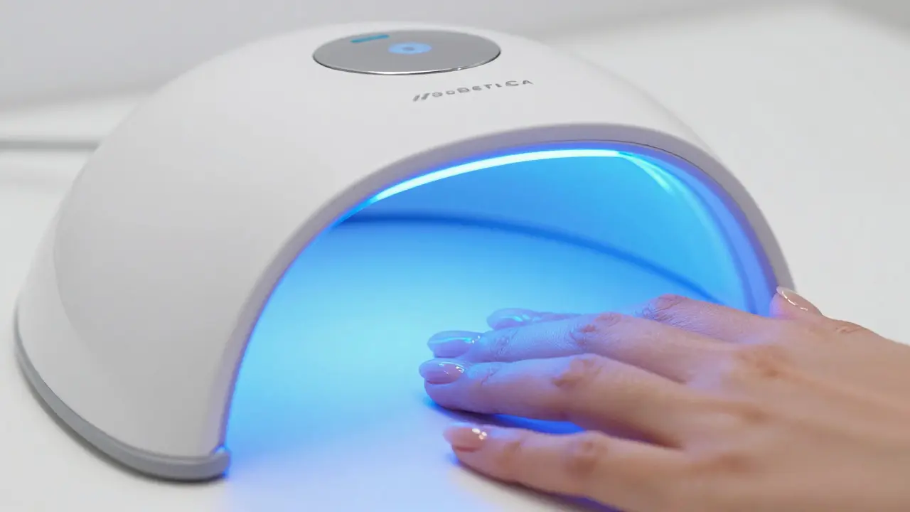 Moderní LED lampa vytvrzující gelové nehty v čistém kosmetickém salónu.