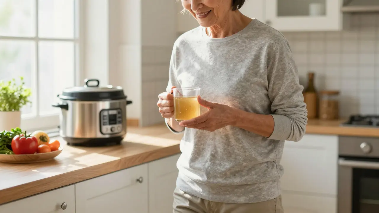 Osoba klidně vstupující po schodech s šálkem vývaru, znak obnovy pohyblivosti kloubů