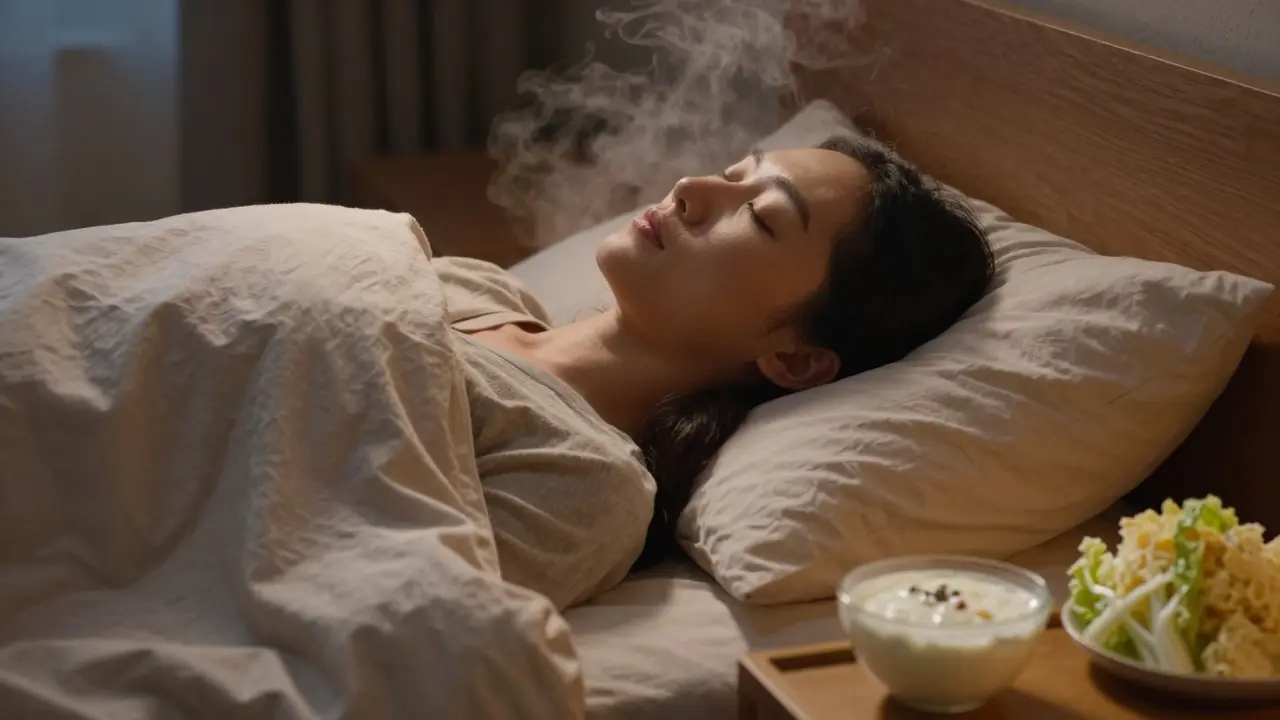 Osoba spí v klidu s pomalým dýcháním, teplá koupel a fermentované potraviny na nočním stolku.