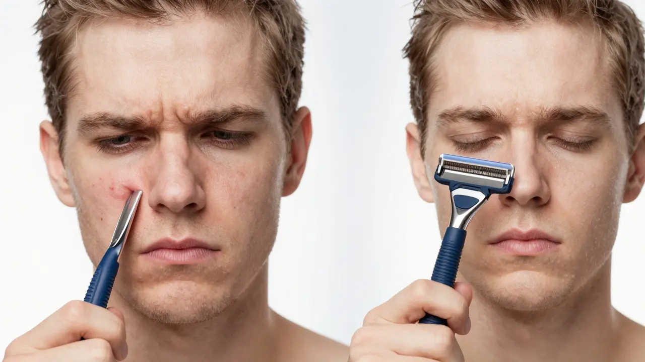 Porovnání podrážděné kůže a hladké kůže po správném a špatném holení v jedné scéně.