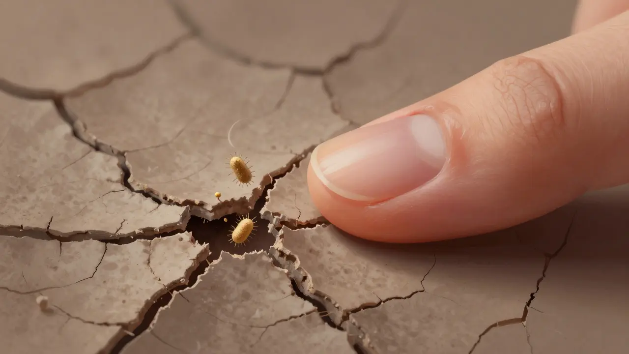 Porovnání poškozené a zdravé kůže kolem nehtu s mikrobiálními vstupy.