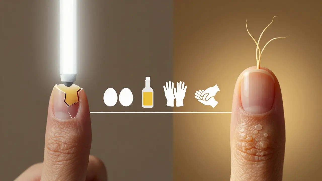 Přechod křehkého nehtu do silného nehtu v průběhu šesti týdnů, znázorněný jako časová osa.