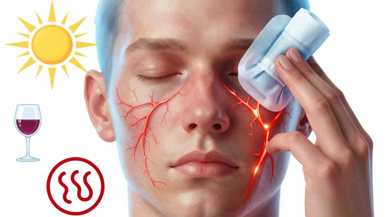 Přehled anatomie obličeje s viditelnými rozšířenými cévami a symbolickými podrážděními.