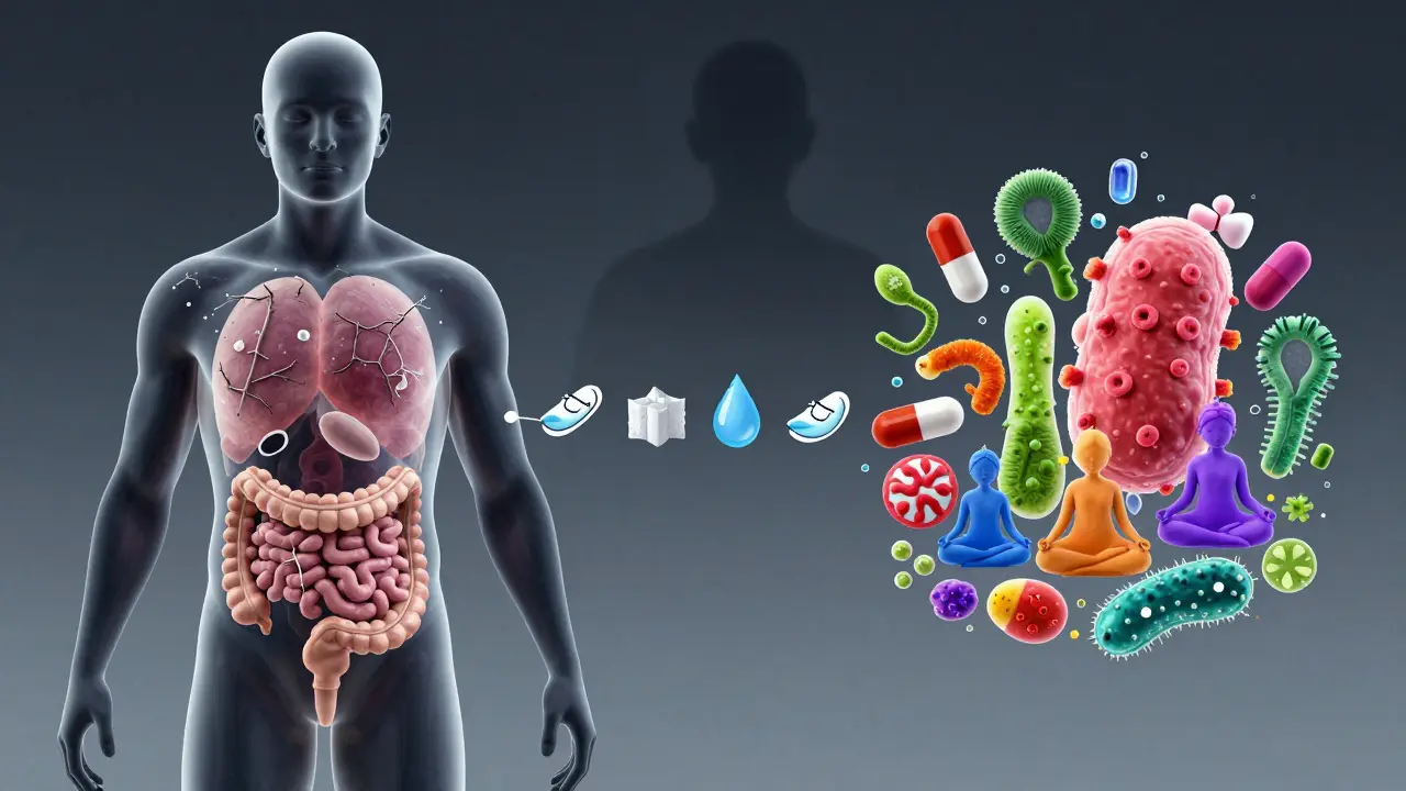 Průřez člověka s protikladem poškozené a obnovené střevní mikroflóry