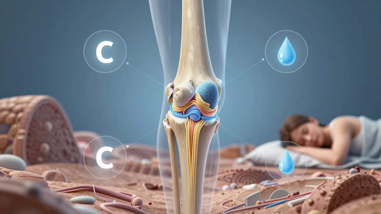 Průřez kloubem s kolagenem obnovujícím chrupavku a podpůrnými prvky.