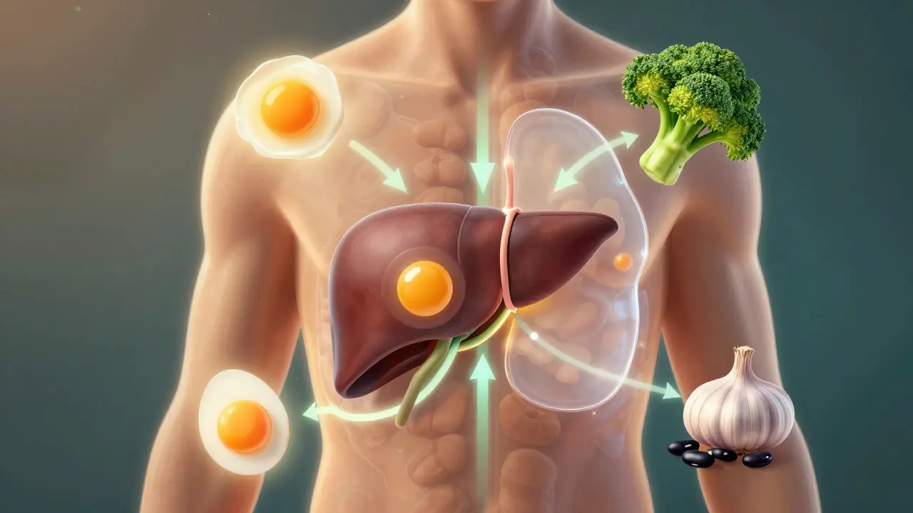 Průřez tělem s detoksačními cestami játra podporovanými potravinami jako vejce a česnekem.