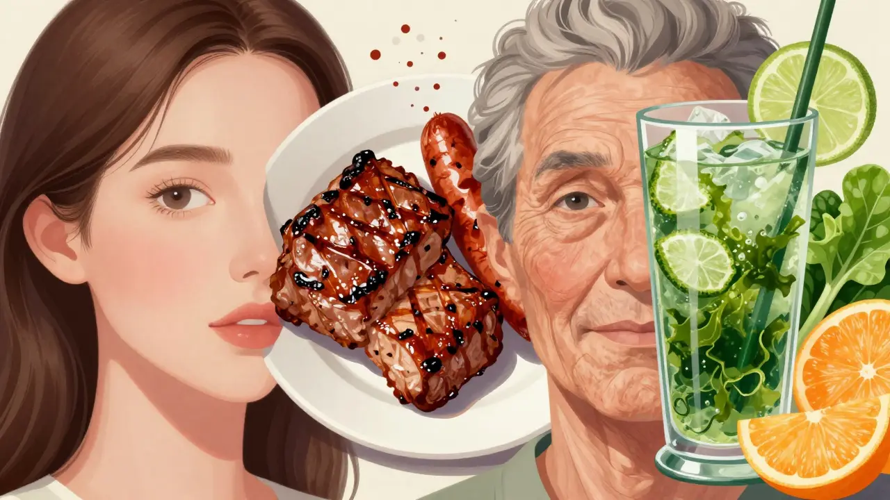 Rozdíl mezi mladou kůží podporovanou zeleninou a starou kůží poškozenou masem