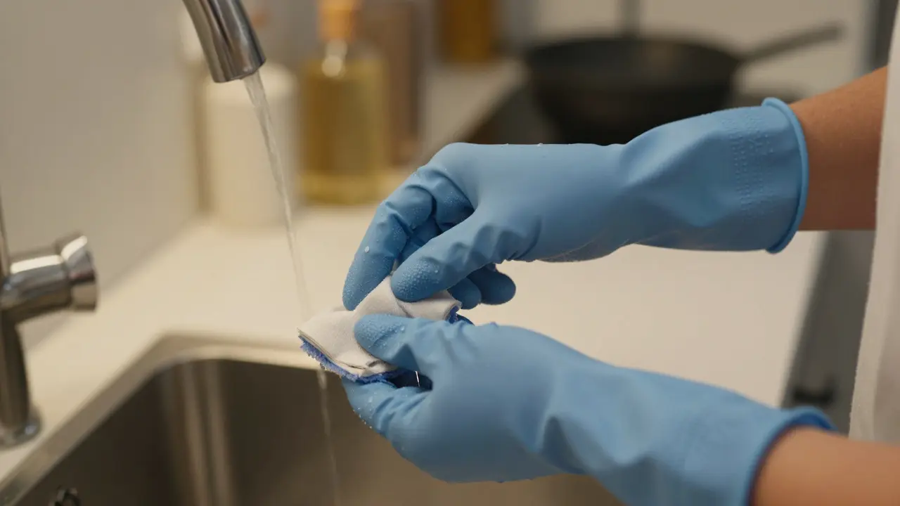 Ruce v ochranných rukavicích při domácích pracích pro ochranu nehtů