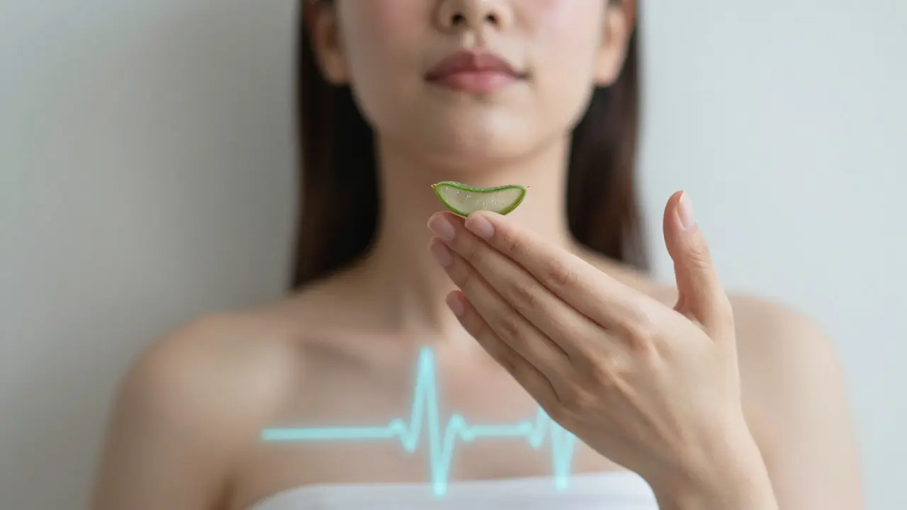 Ruka aplikuje aloe veru na červenou kůži, zároveň osoba dělá hluboký dech.