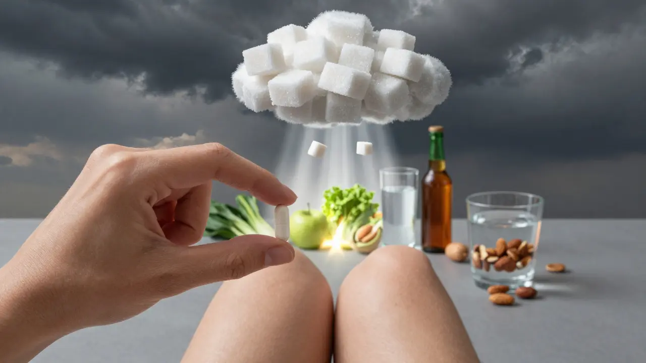 Ruka drží doplněk kolagenu, zatímco za ní temná vichřice z cukru, alkoholu a tuků ohrožuje klouby.