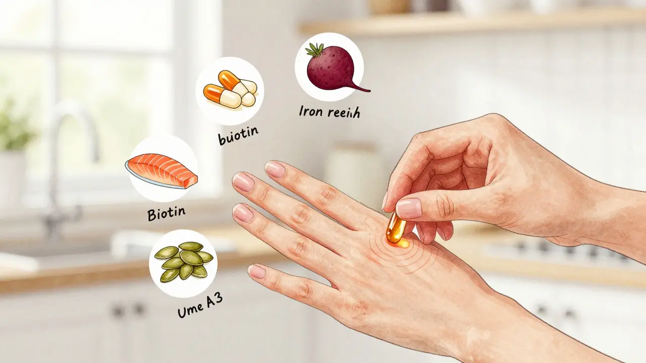 Ruka masíruje nehty kastorovým olejem, kolem ní plavou živiny jako biotin, železo a zinek.