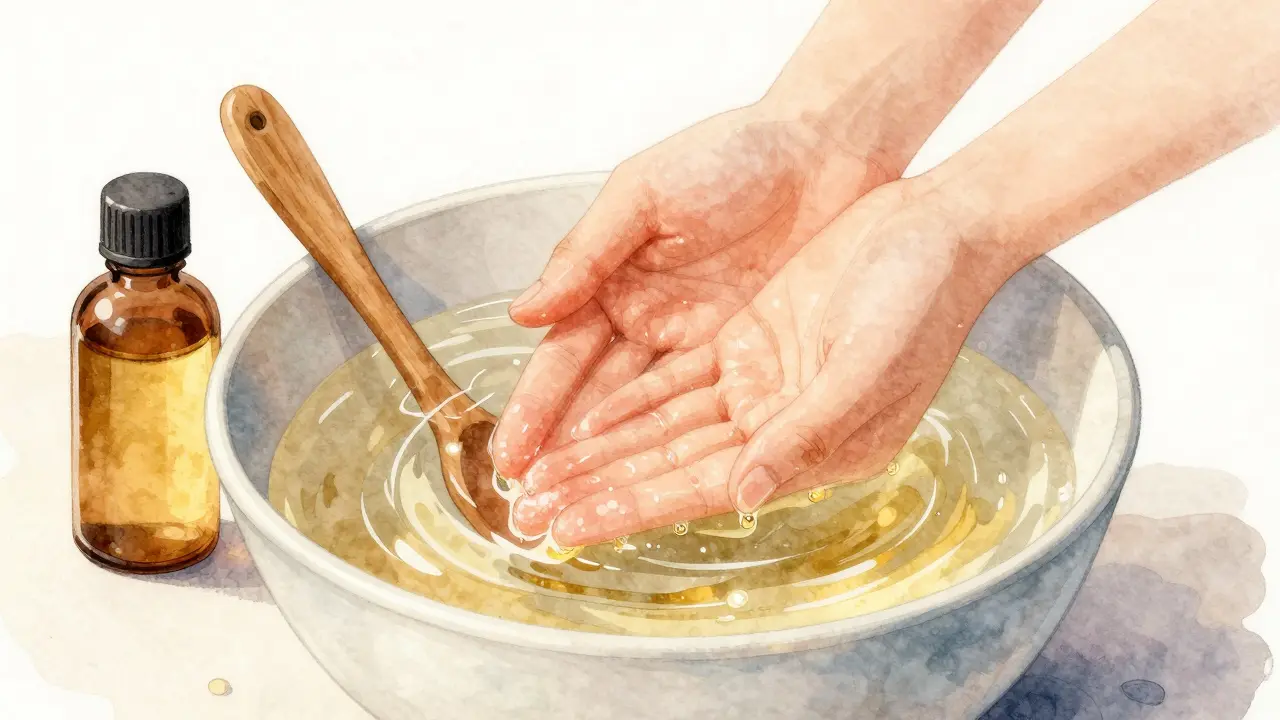 Ruka namočená ve teplé solné vodě při léčbě záděr.