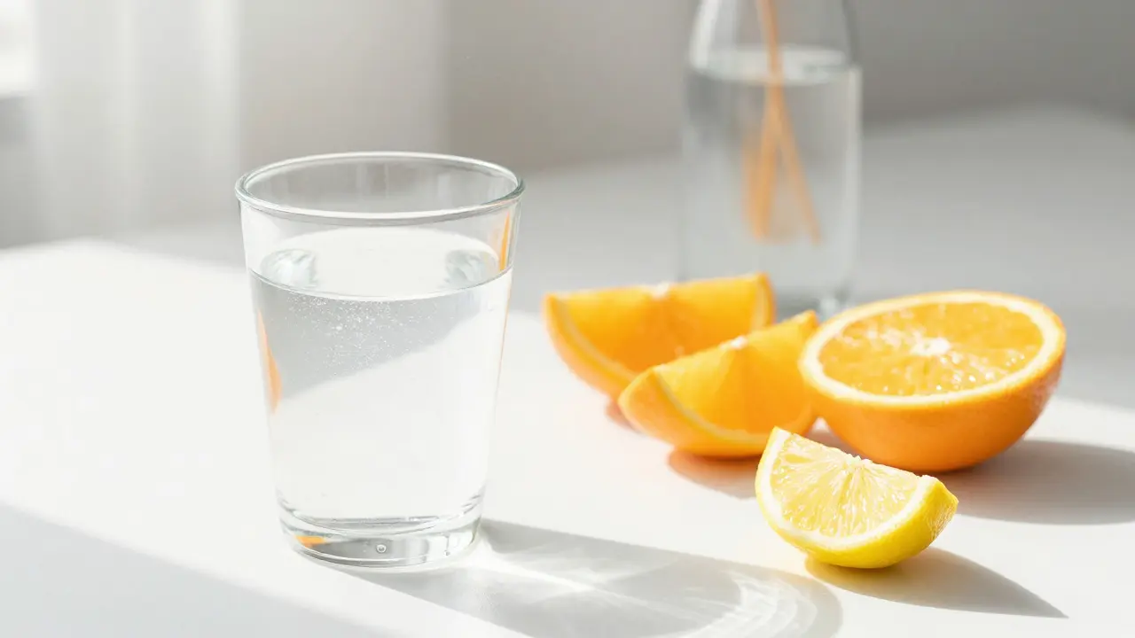 Sklenice vody s práškem a citrusy na stole pro denní příjem kolagenu.