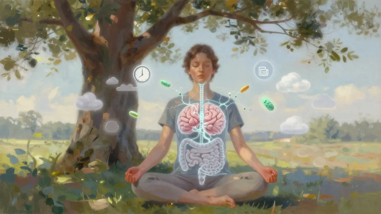 Spojení střeva a mozku skrze probiotika, symbolizující úlevu od stresu.