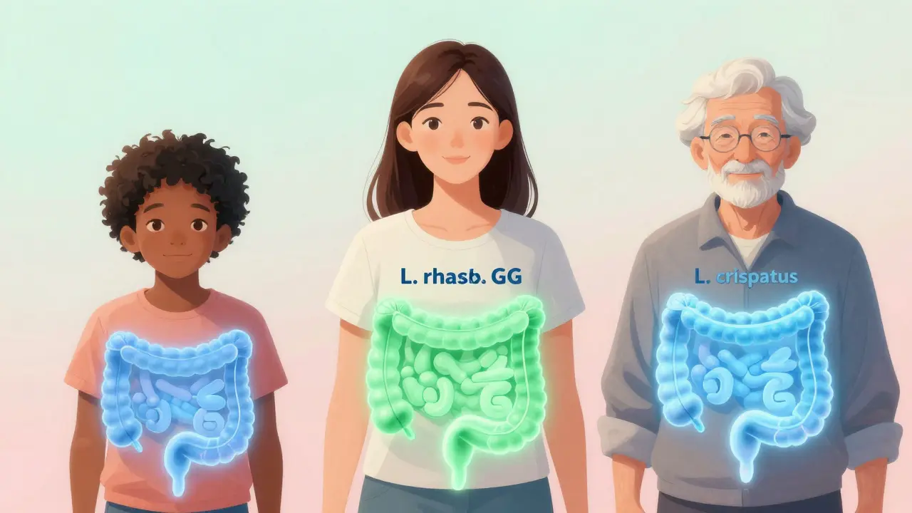 Tři lidé s přesahujícími probiotickými kmeny, symbolizujícími imunitu, ženské zdraví a prevenci alergií.