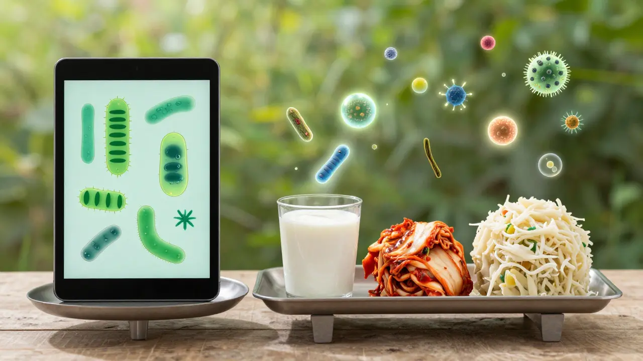 Váha mezi probiotickou tabletnou a přírodními fermentovanými potravinami jako kefírem a kyselým zelím.