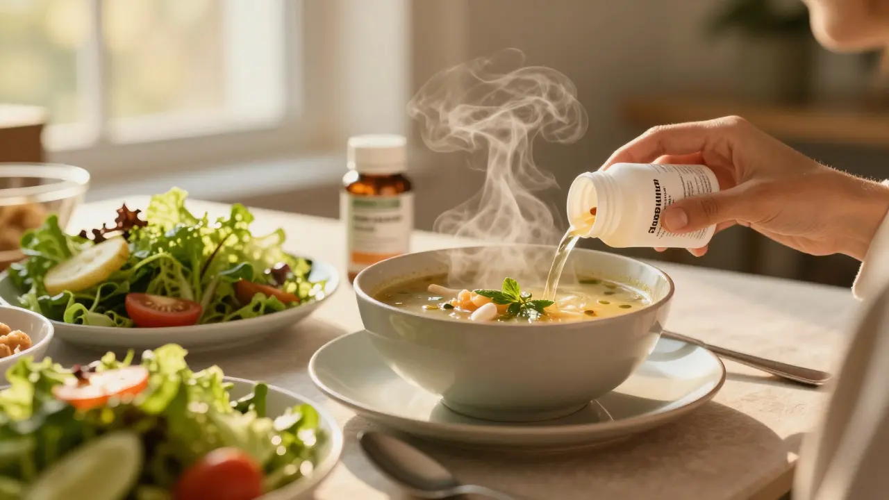 Zdravý oběd s pokrmy a lahví doplňků stravy v pozadí stolu.