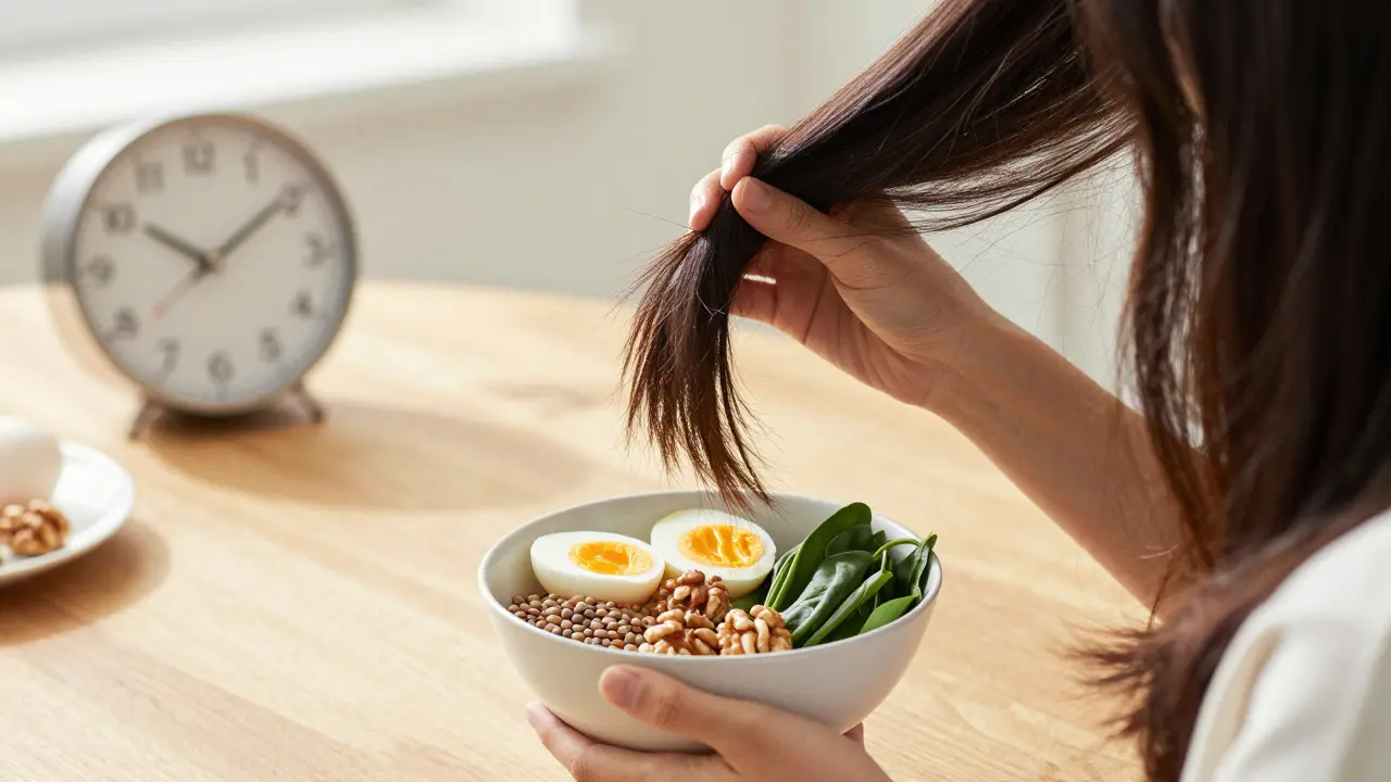 Žena hladí své lesklé vlasy, drží míšku se zdravými potravinami, pozadí ukazuje uplynulé 3 měsíce.