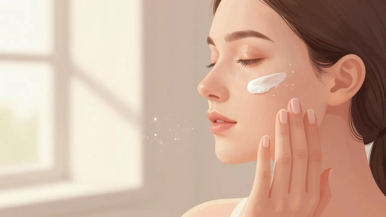 Žena si aplikuje lehčí gelový krém do pleti.