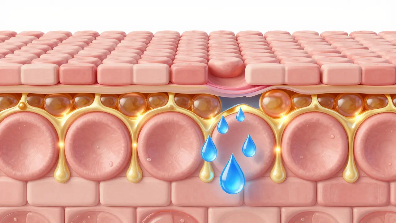 3D ilustrace kožní bariéry s buňkami jako cihlami a lipidy jako maltou.
