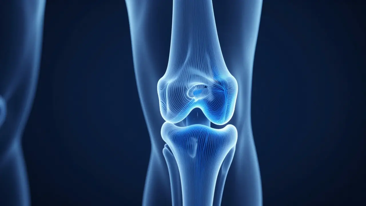 3D vizualizace kolagenové struktury v kloubní chrupavce kolene.