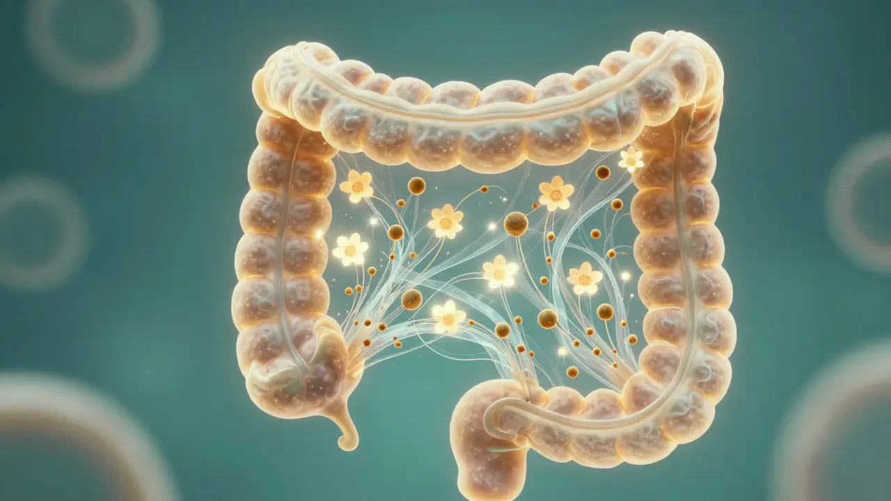 3D vizualizace probiotik a prebiotik v trávicím traktu jako svítící semena a vláknina.