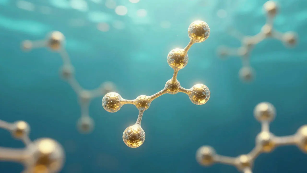 Abstraktní 3D vizualizace molekul mořského kolagenu v modré vodě.